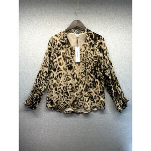 Calvin Klein Womens Ruffle Blouse Leopard Print Size Small V-Neck NWT